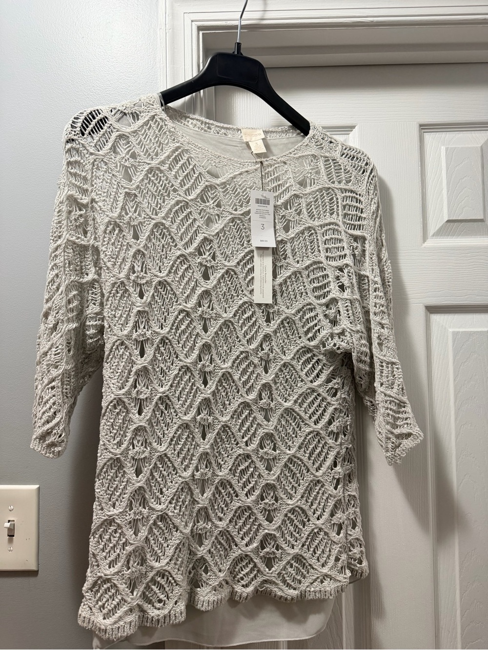 Chicos XL grey Willow Open-Knit Crochet 3/4 sleeve summer sweater with tank